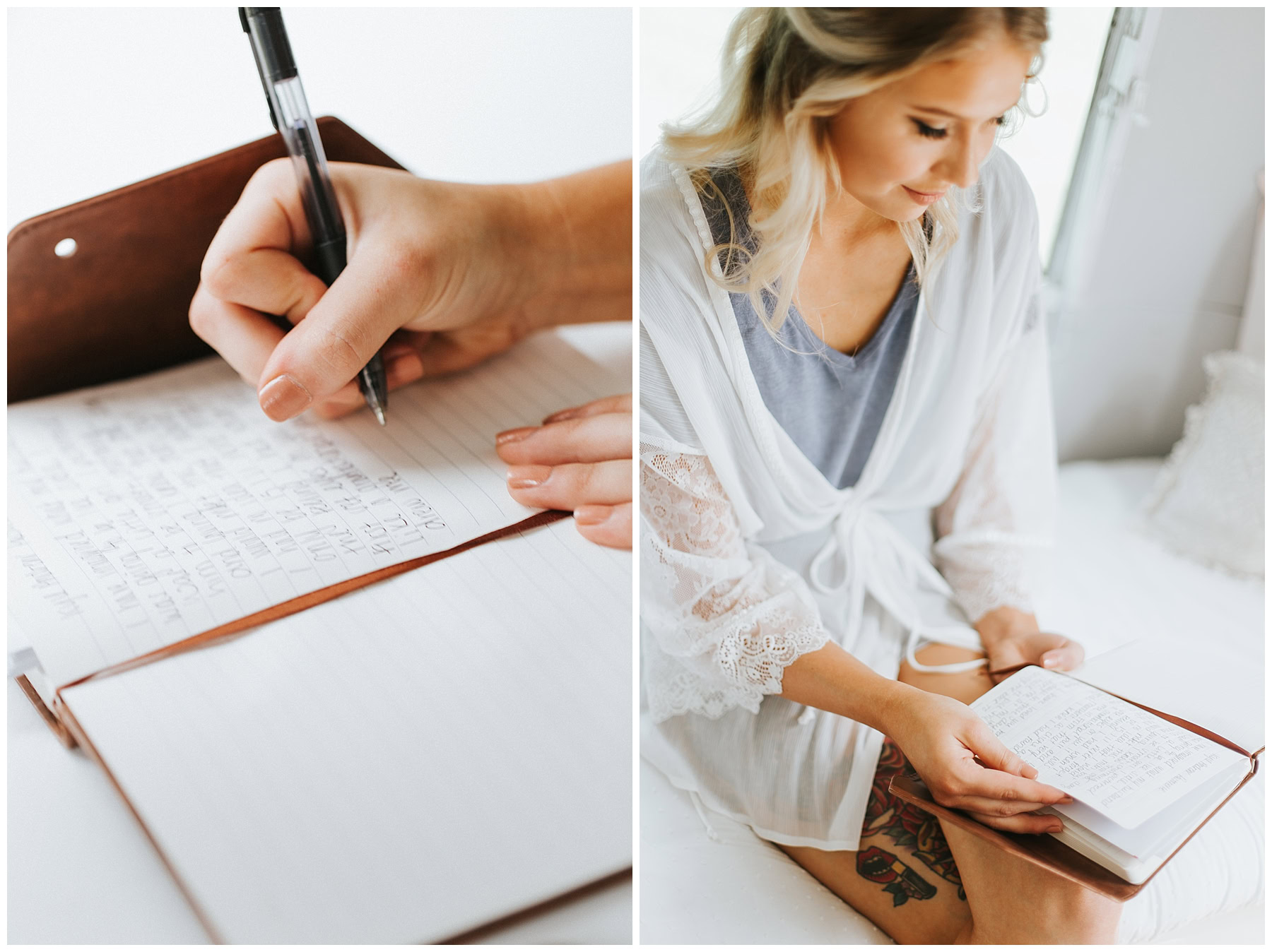 Bride reading wedding details on a notepad, preparing for her special day.
